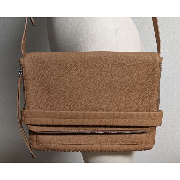 AllSaints Club Clutch Crossbody Tan Leather East West Foldover Flap Bag - Picture 3 of 16